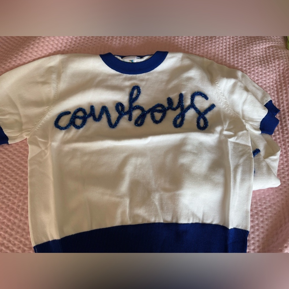 QUEEN OF SPARKLES Blue and White COWBOYS Crew Neck Sweater